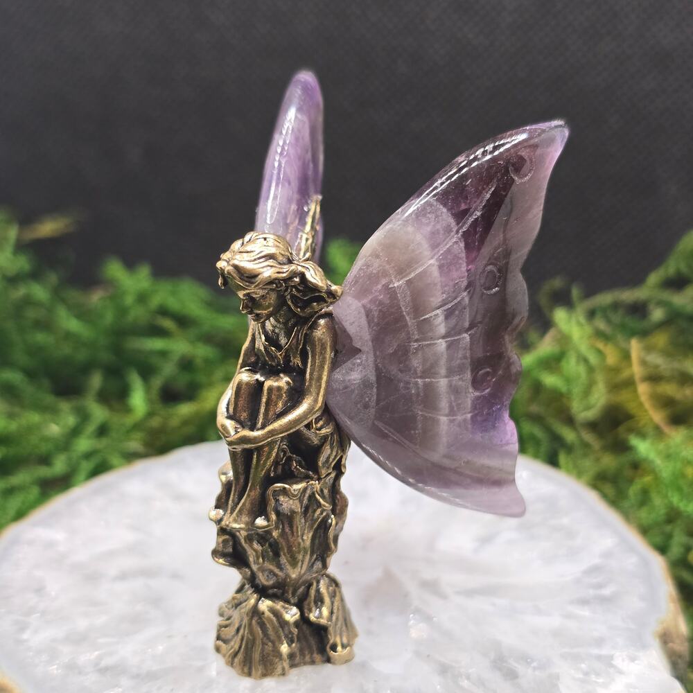 Chevron Amethyst Crystal Fairy 2.5" Brass Figurine Butterfly Wings Fantasy Decor